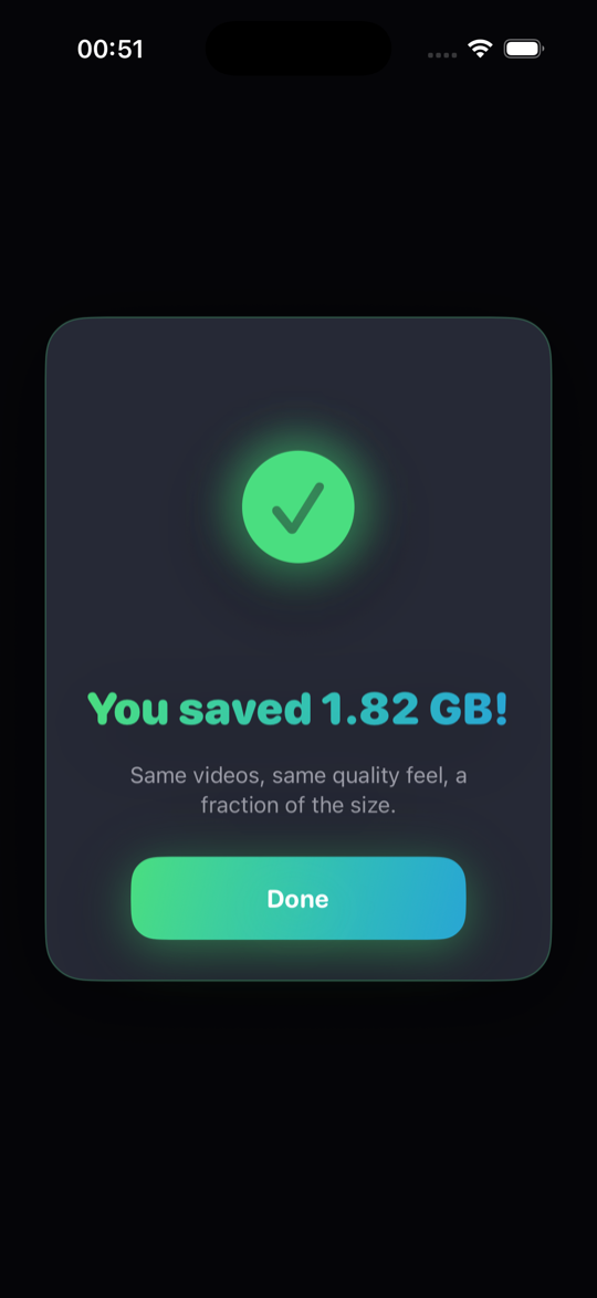 CleanSwipe success screen showing 1.82 GB of storage saved