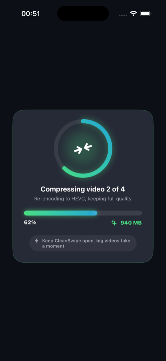 CleanSwipe compressing a video with a live progress ring and gradient progress bar